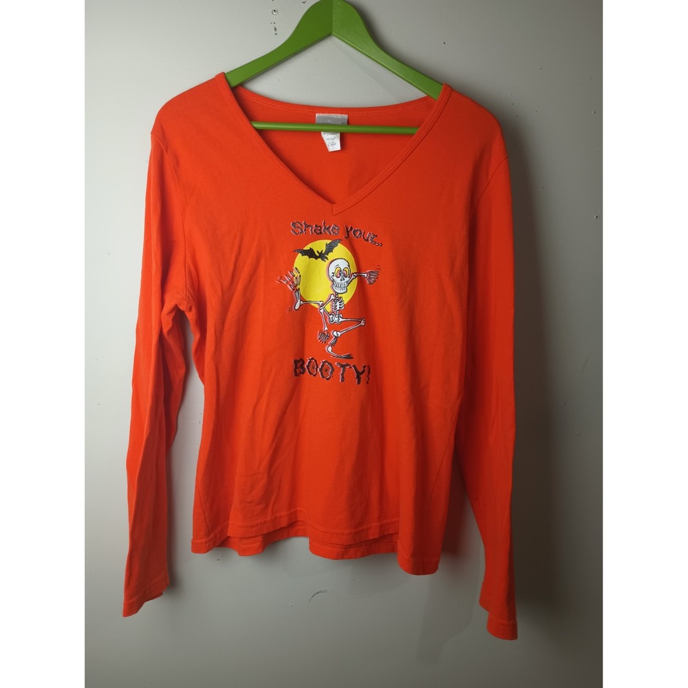 Vintage Fashion Bug Orange Halloween Skeleton Graphic V-Neck Long Sleeve Tee XL